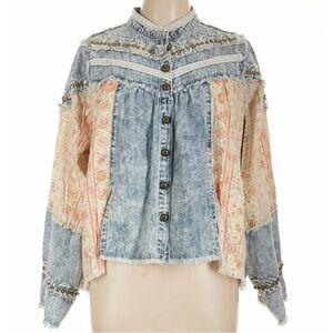 POL Blue and White Lace-Trimmed Denim Jacket